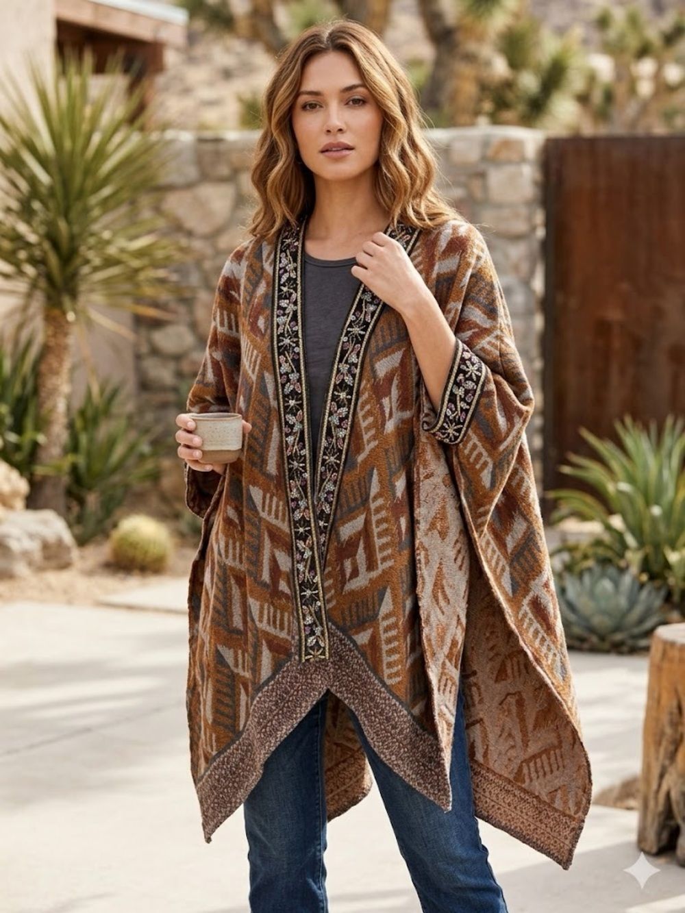 Soft Surroundings Tapestry Wrap Poncho Boho Lagenlook Embellished Open Front